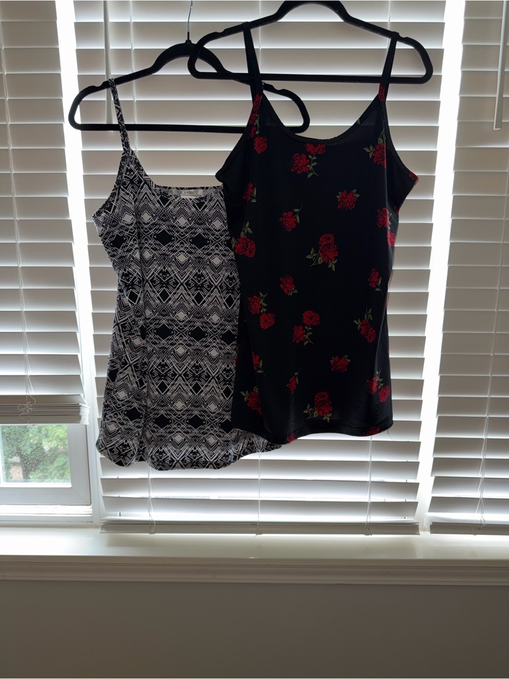 2 K. Jordan Women’s Black Floral Cami Top & white/black geometric Cami Top